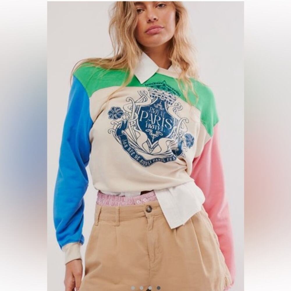 Free People X Daydreamer Crest colorblock cream sweatshirt size large